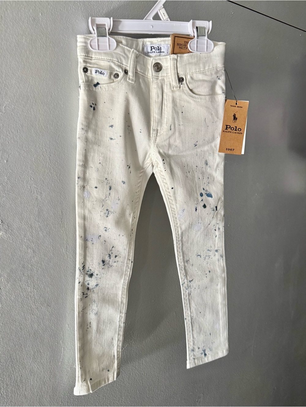 Ralph Lauren White High Rise Skinny Jeans with Blue Paint Detail